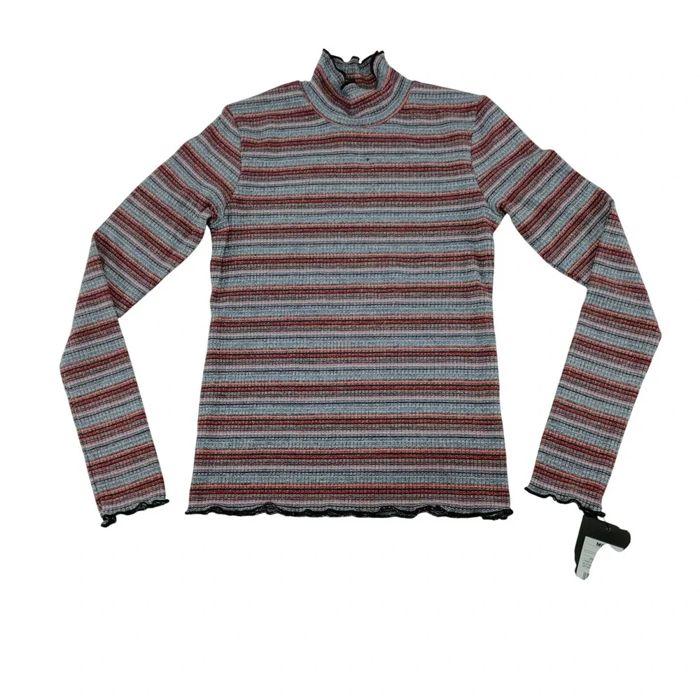 Art Class Striped Mock Neck Long Sleeve Top Girls Size‎ M 7 8 Red Gray Metallic